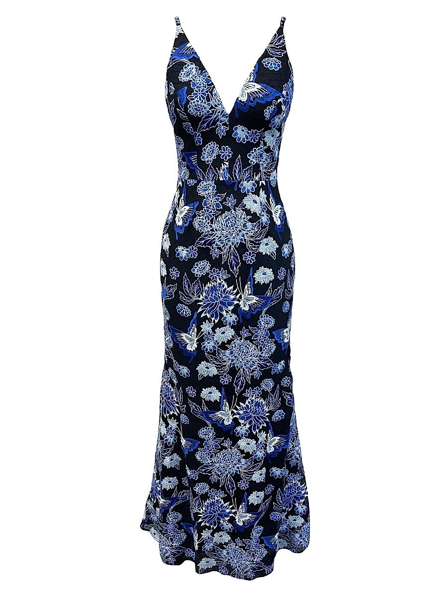 Women's Sharon Floral Embroidered Mermaid Gown - Cobalt Multi - Size XL