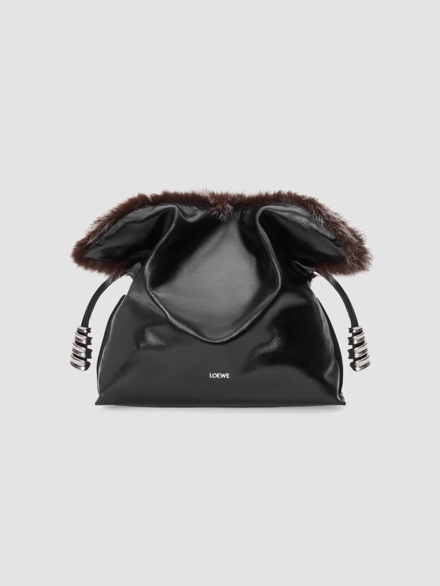 LOEWE Women's Flamenco Shearling-Trim Leather Clutch - Black