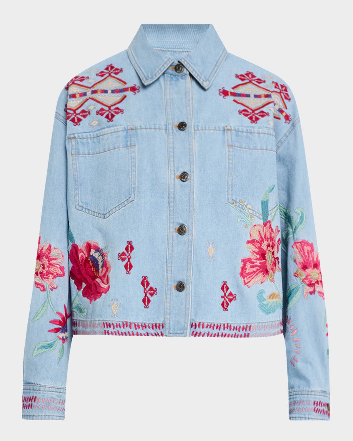 Cropped Floral-Embroidered Denim Jacket