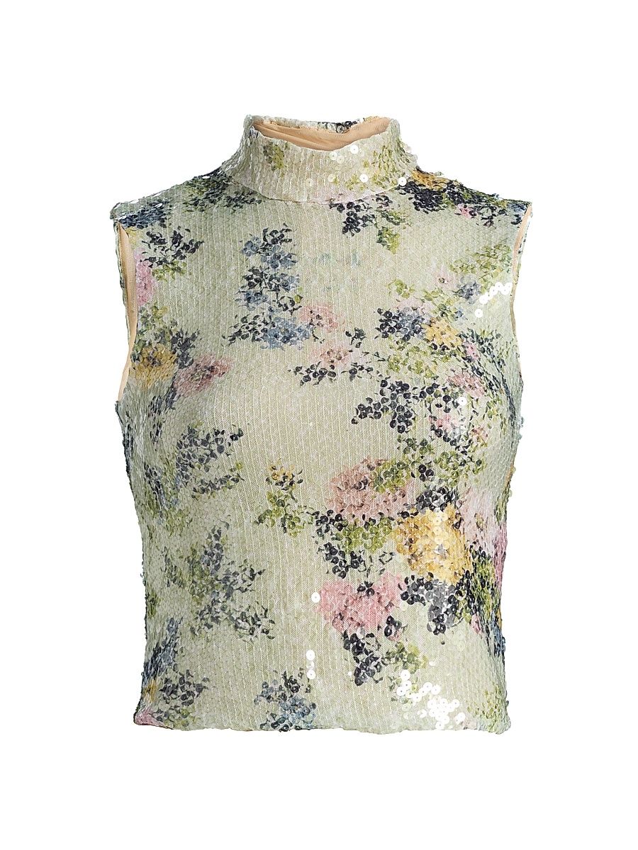 Women's Piper Floral Sequined Top - Green Floral - Size XS