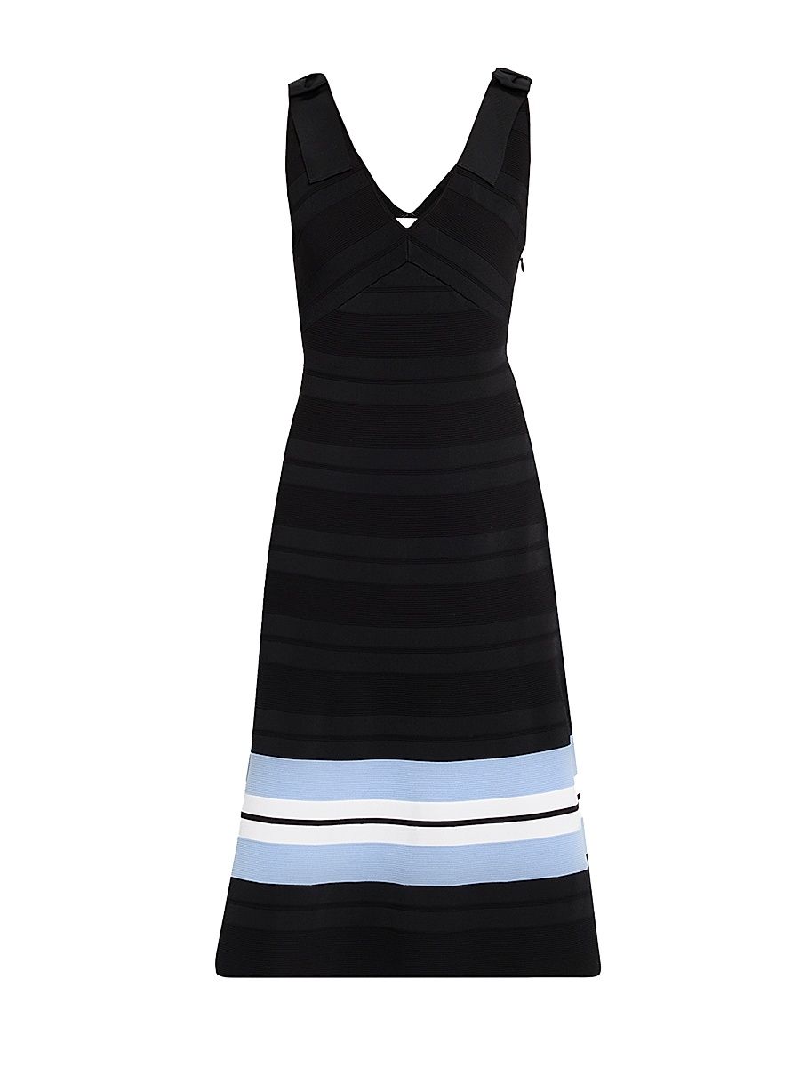 Women's Striped Fit & Flare V-Neck Midi-Dress - Black Mult - Size Small