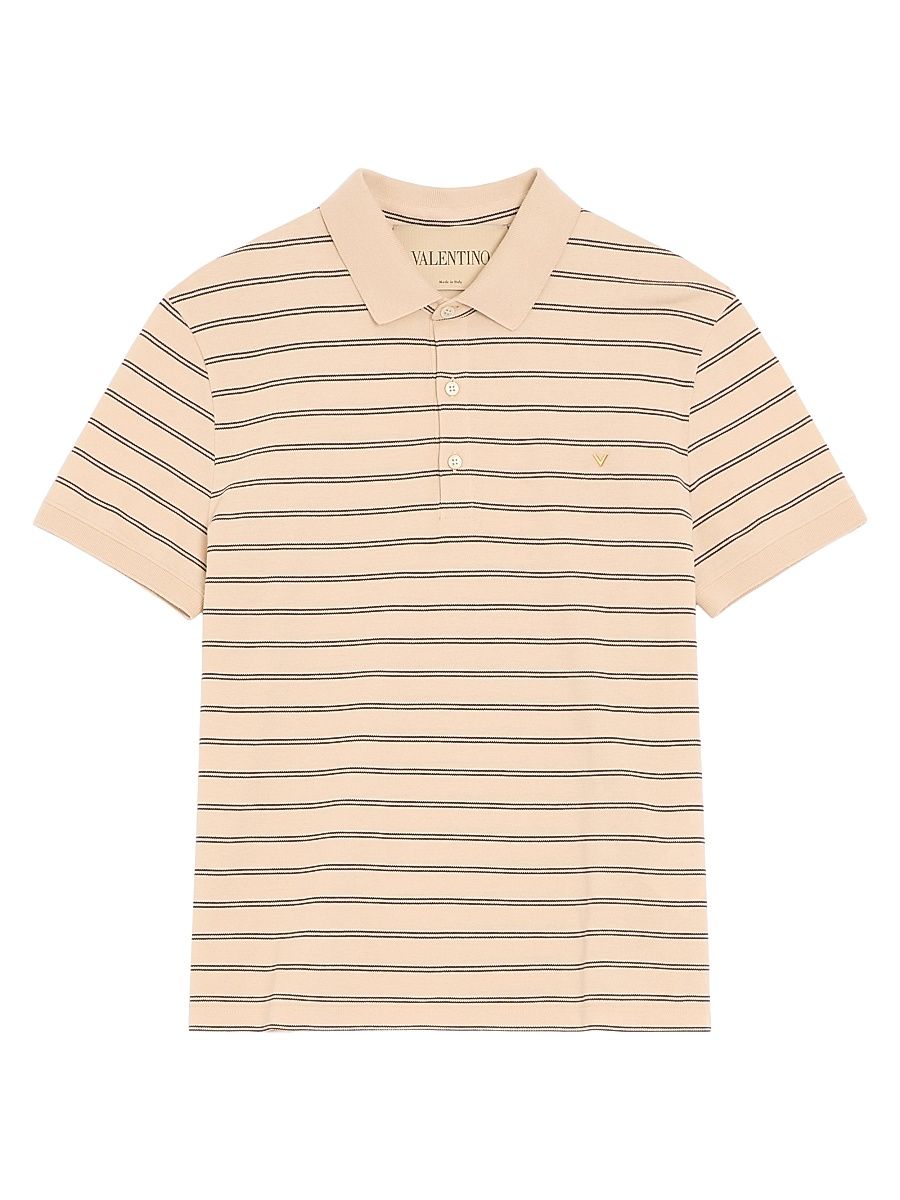 Men's Cotton Piqué Polo Shirt with VGold Stripes - Beige Navy - Size Small