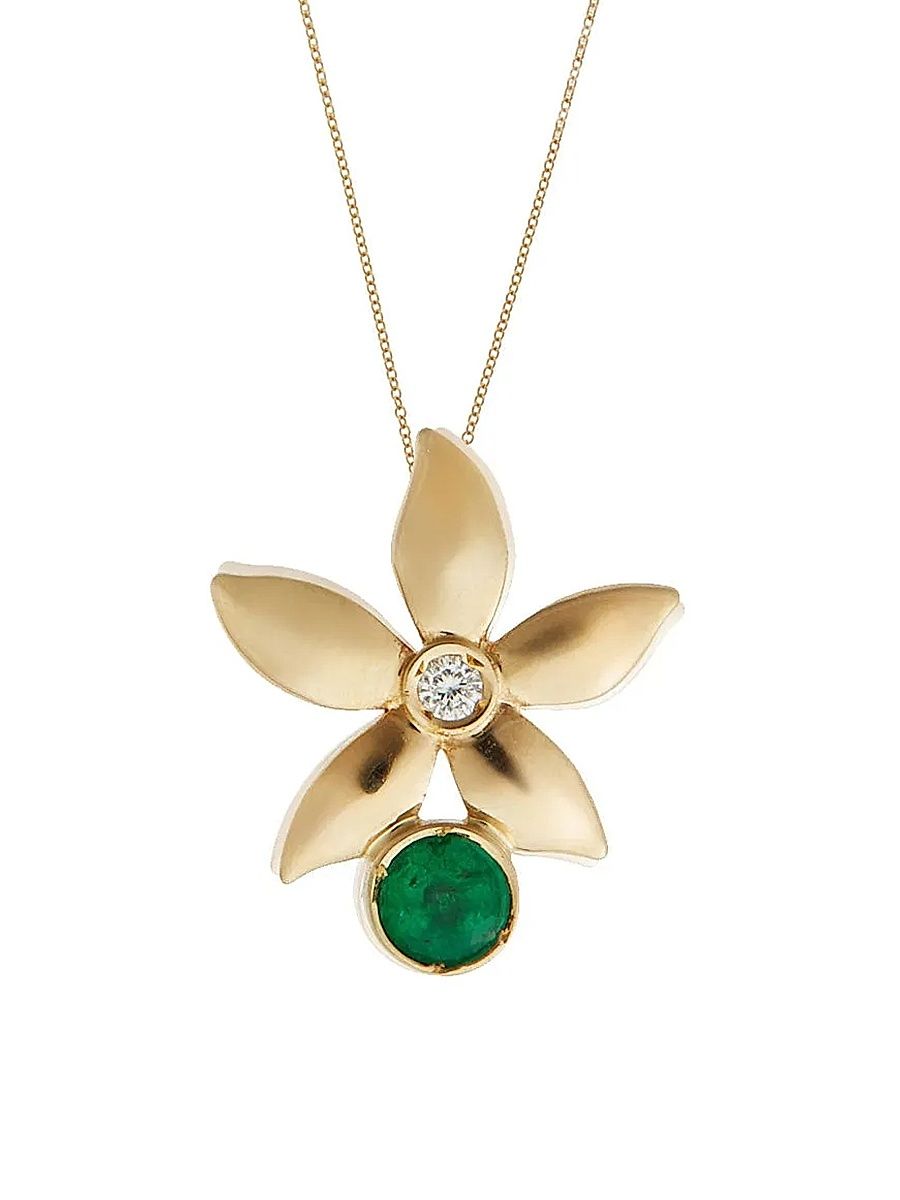 Women's Blossom Waterfall Flower Charnière 18K Yellow Gold, Emerald & 0.02 TCW Diamond Pendant Necklace - Yellow Gold