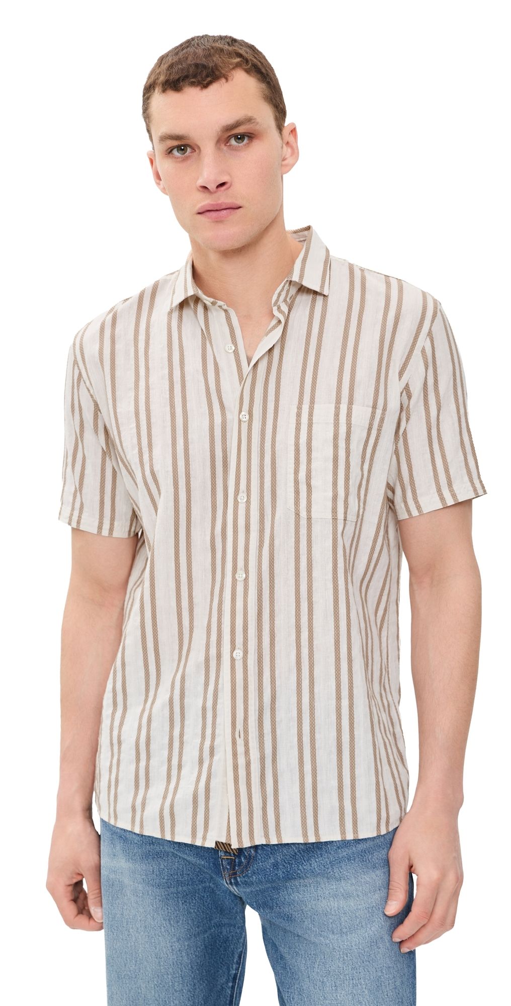 Billy Reid Textured Dobby Stripe Shirt Tinted White/Khaki XXL