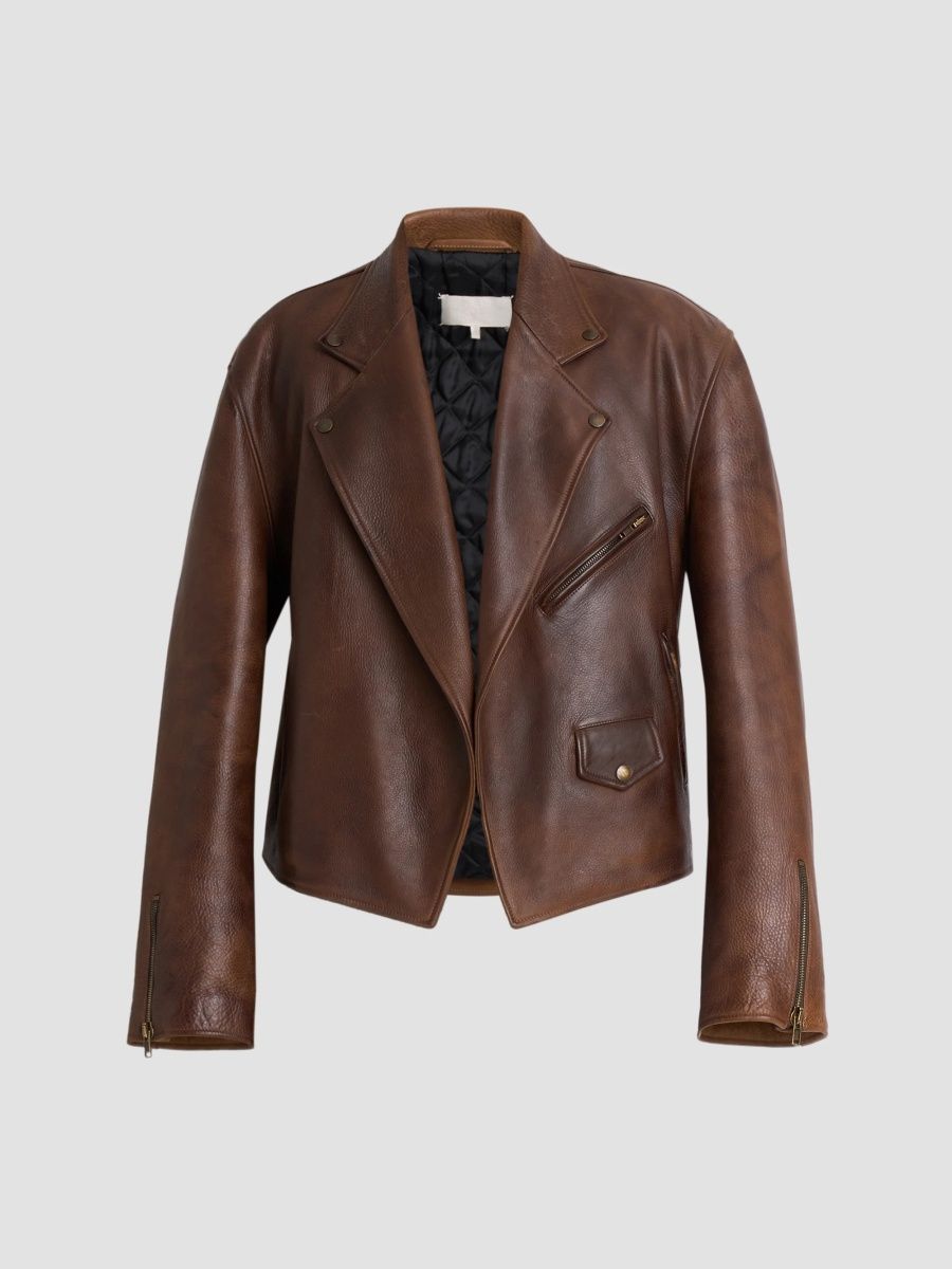 Maison Margiela Men's Notch Lapel Leather Biker Jacket - Cognac - Size 42