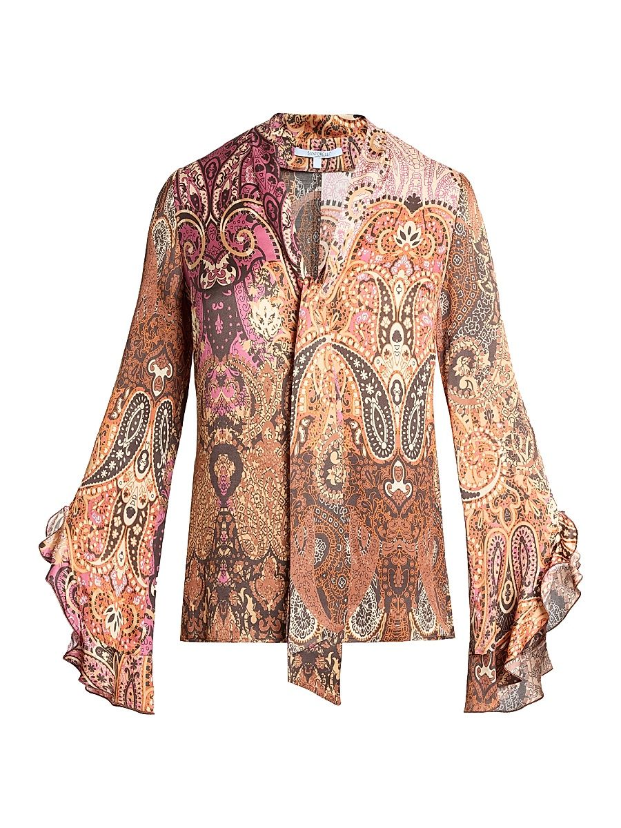 Women's Paisley Tieneck Bell-Sleeve Blouse - Chestnut Multi - Size 14