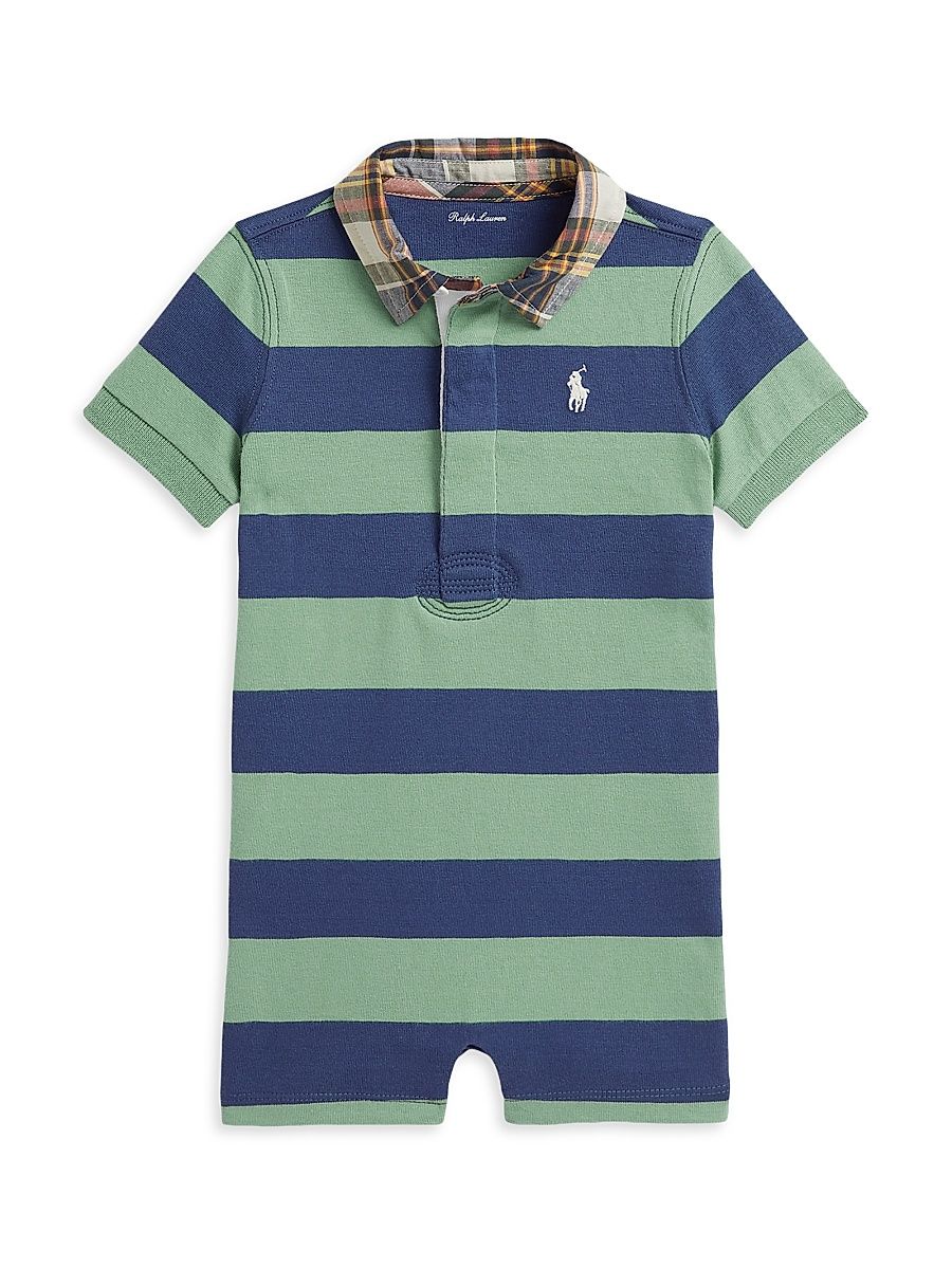 Baby Boy's Striped Rugby Shortalls - Faded Mint - Size 9 Months