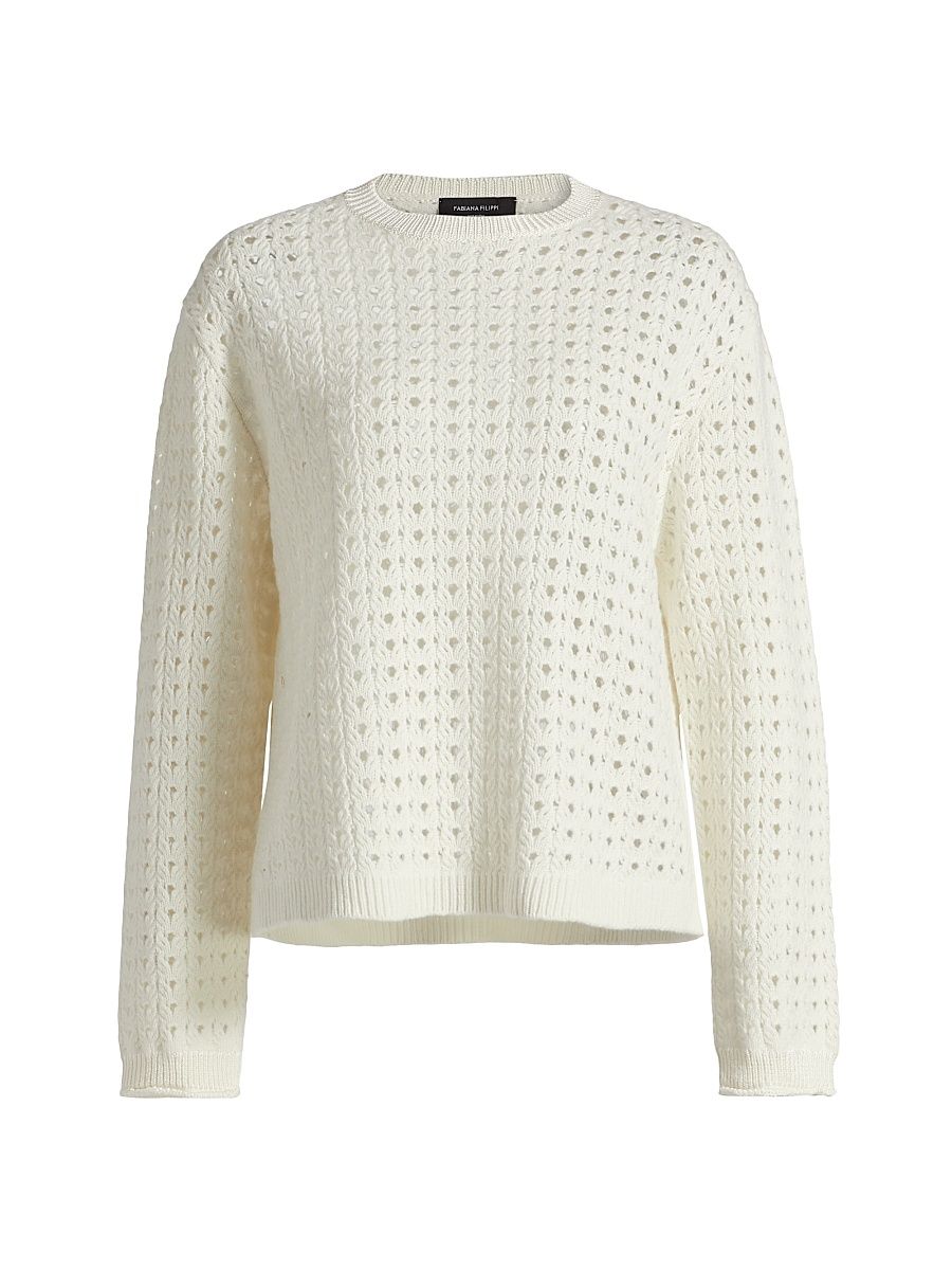 Women's Open Weave Wool-Silk Crewneck Sweater - Light Beige - Size 0