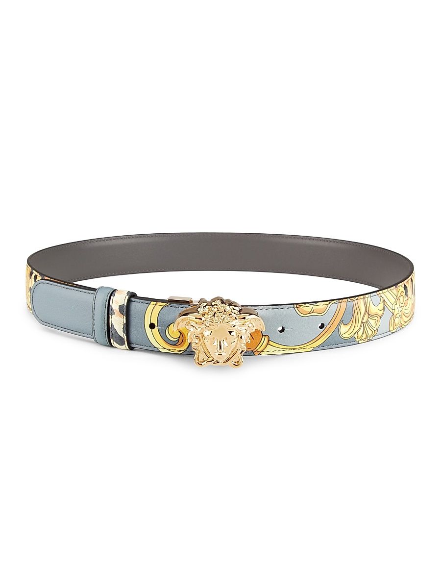 Women's Reversible Cheetah Foulard Leather Belt - Light Grey Gold - Size Small