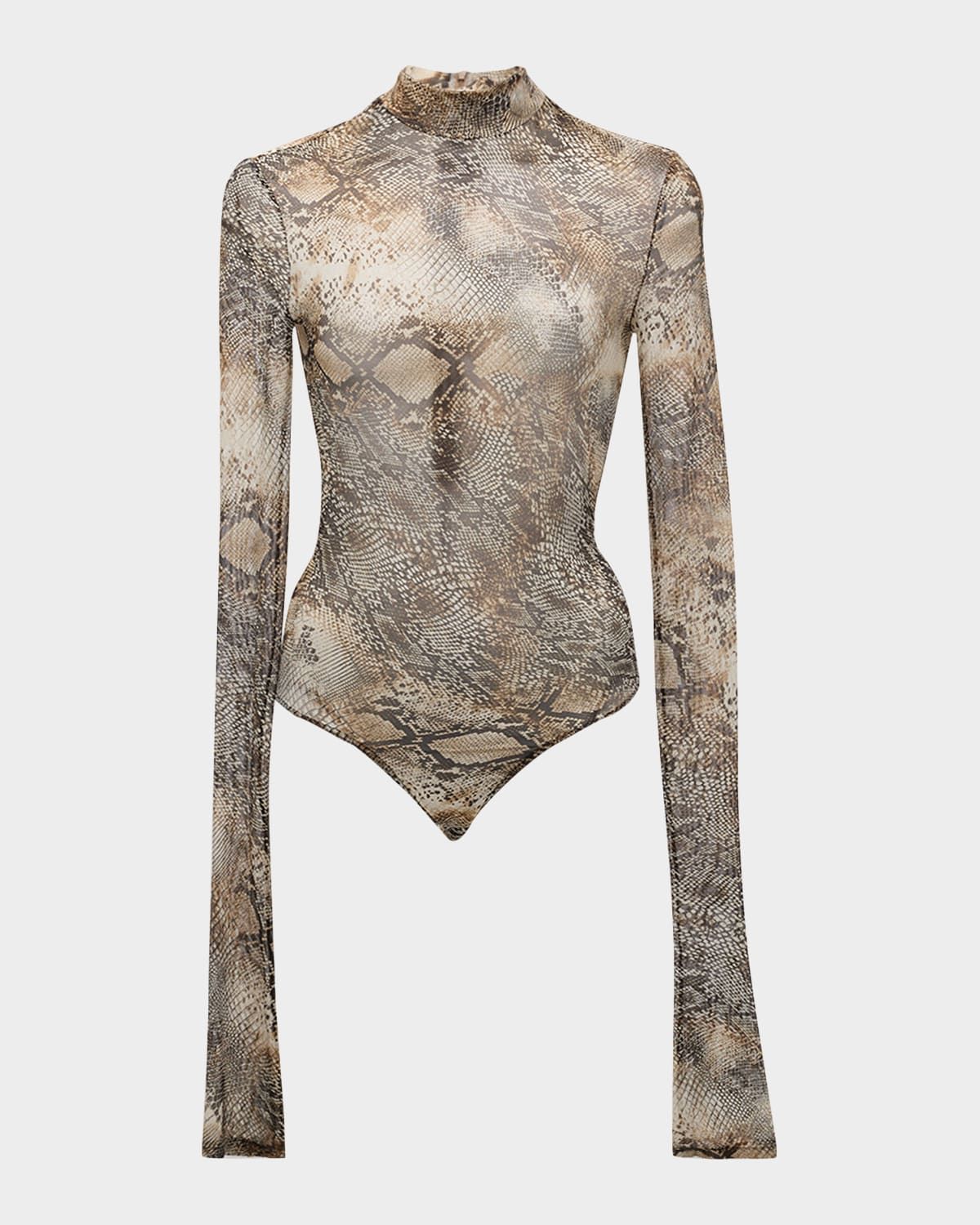 Snakeskin-Print Mesh Mock-Neck Long-Sleeve Bodysuit