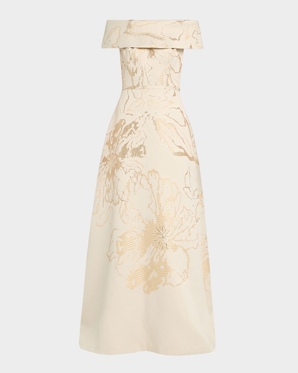 Off-Shoulder Metallic Floral Jacquard Gown