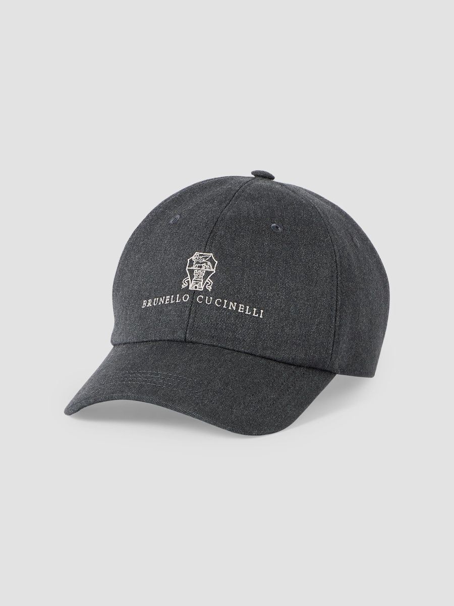 Brunello Cucinelli Men's Cotton and Virgin Wool Gabardine Baseball Cap with Embroidered Logo - Anthracite - Size XL