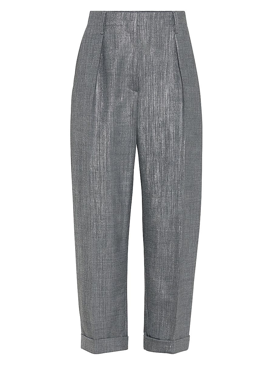 Women's Sparkling Techno Virgin Wool Twill Pleated Chino Trousers - Silver - Size 14