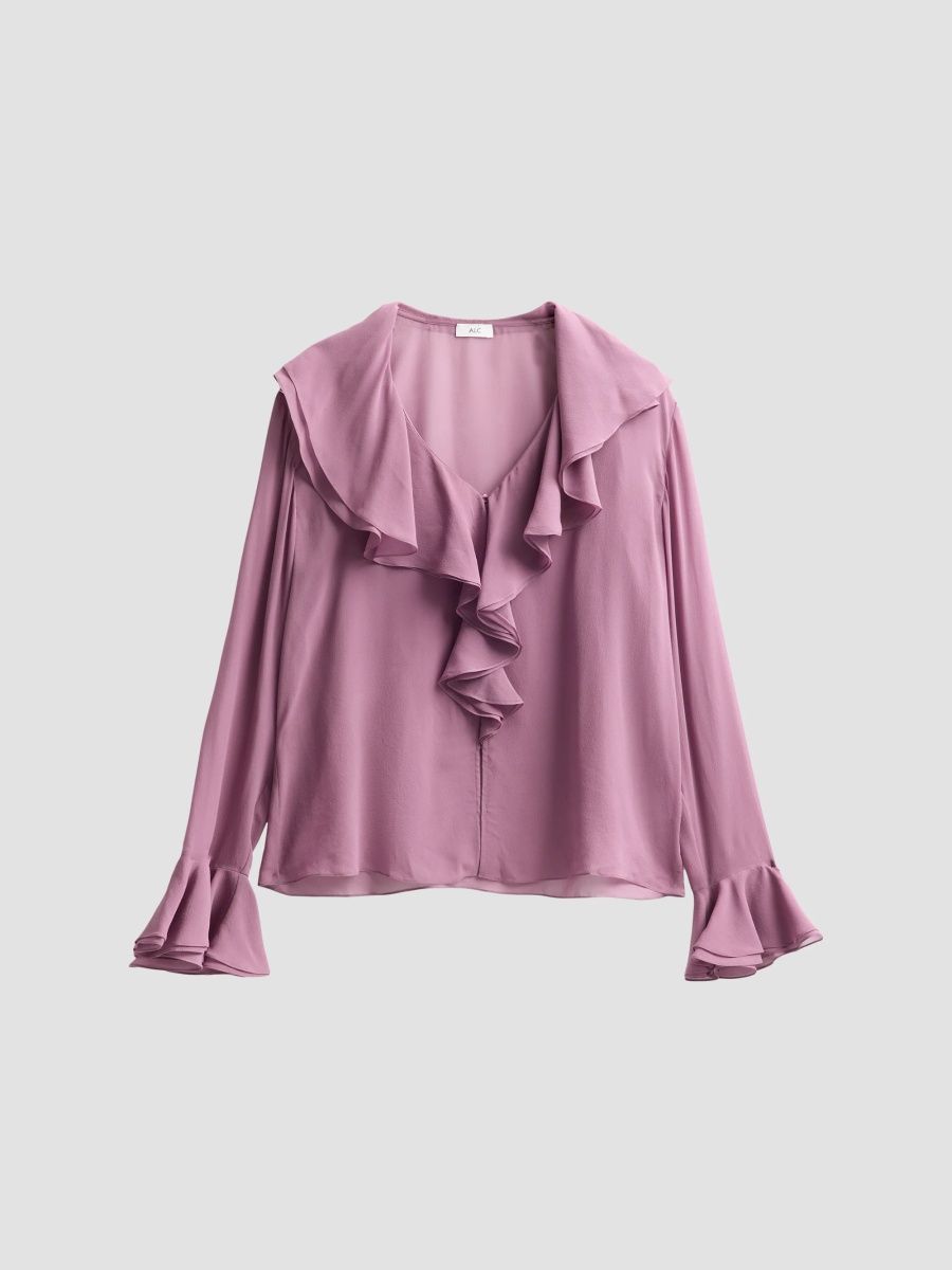 A. L.C. Women's Colette Silk Ruffle-Trim Top - Lavender Mauve - Size 14