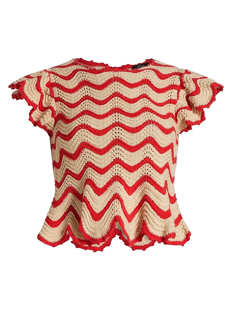 Women's Coen Wavy Stripe Knit Cotton-Blend Flutter-Sleeve Top - Cherry Oat Stripe - Size Large