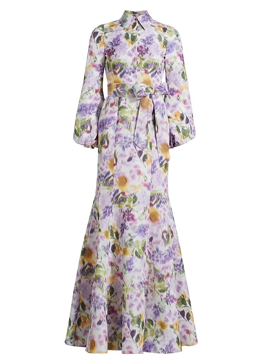 Women's Floral Tie-Waist Fit & Flare Gown - Lilac Multi - Size 2