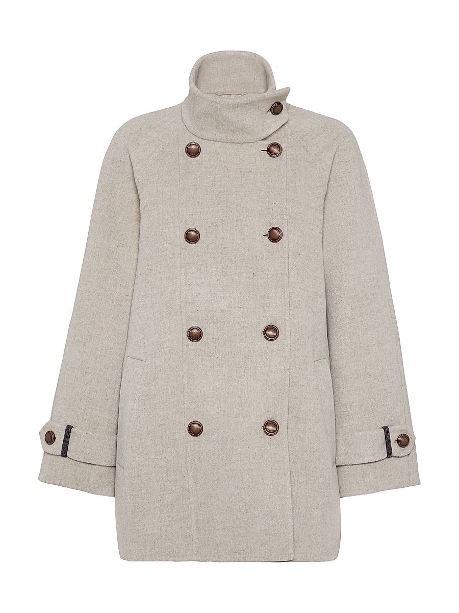 Women's Hand Crafted Pea Coat in Virgin Wool and Cashmere Double Cloth with Shiny Cuff Details - Cool Beige - Size 10