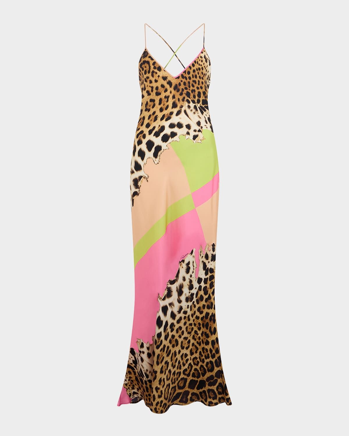 Colorblock Jaguar-Print Silk Maxi Slip Dress