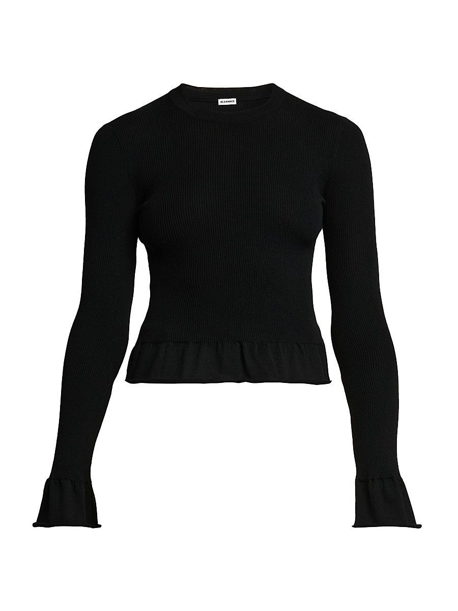 Women's Wool Flared-Trim Slim-Fit Crewneck Sweater - Black - Size 10