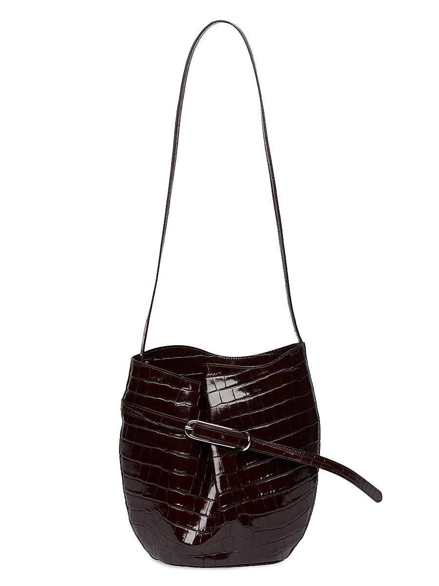 Women's Belted Croc-Embossed Leather Bucket Bag - Dark Brown Silver - Size 10
