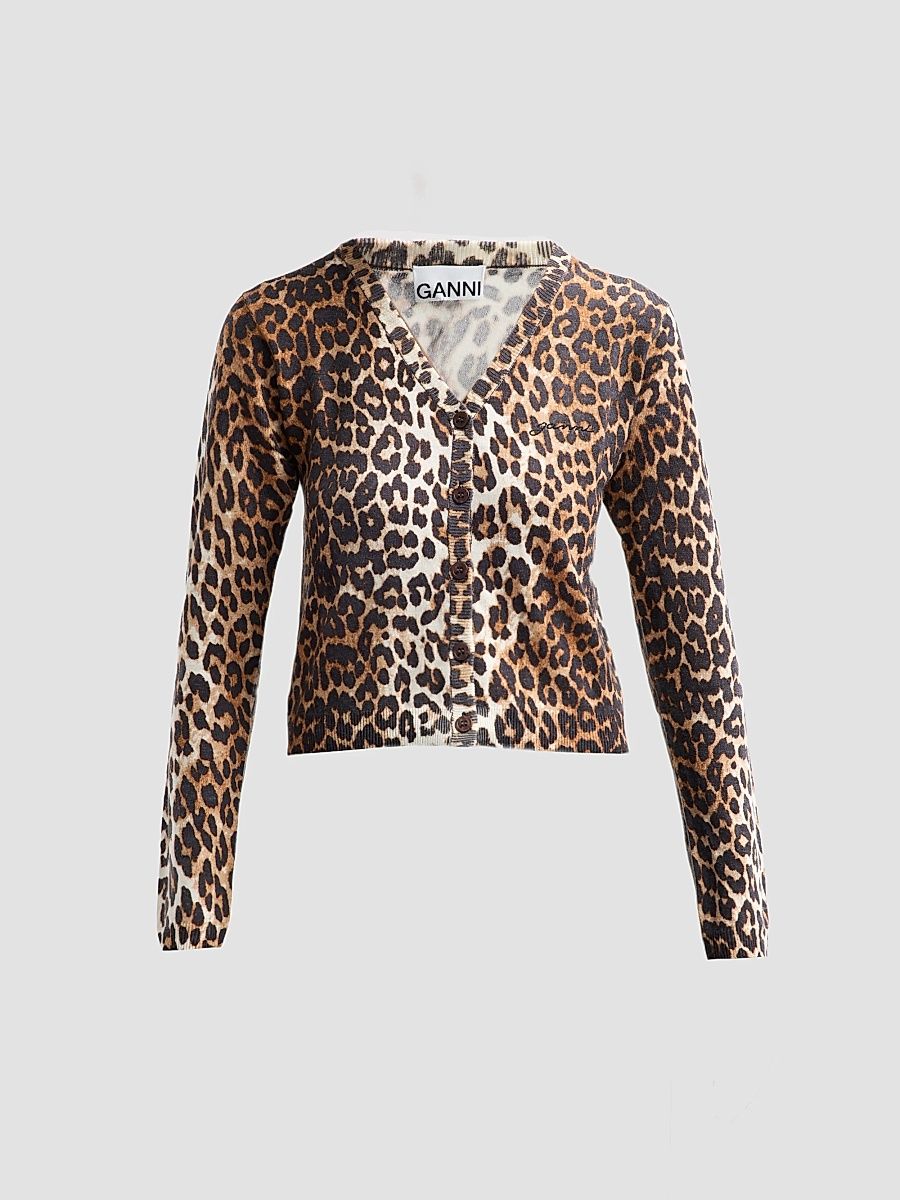 Ganni Women's Leopard-Print Wool Cardigan - Almond Milk - Size XL