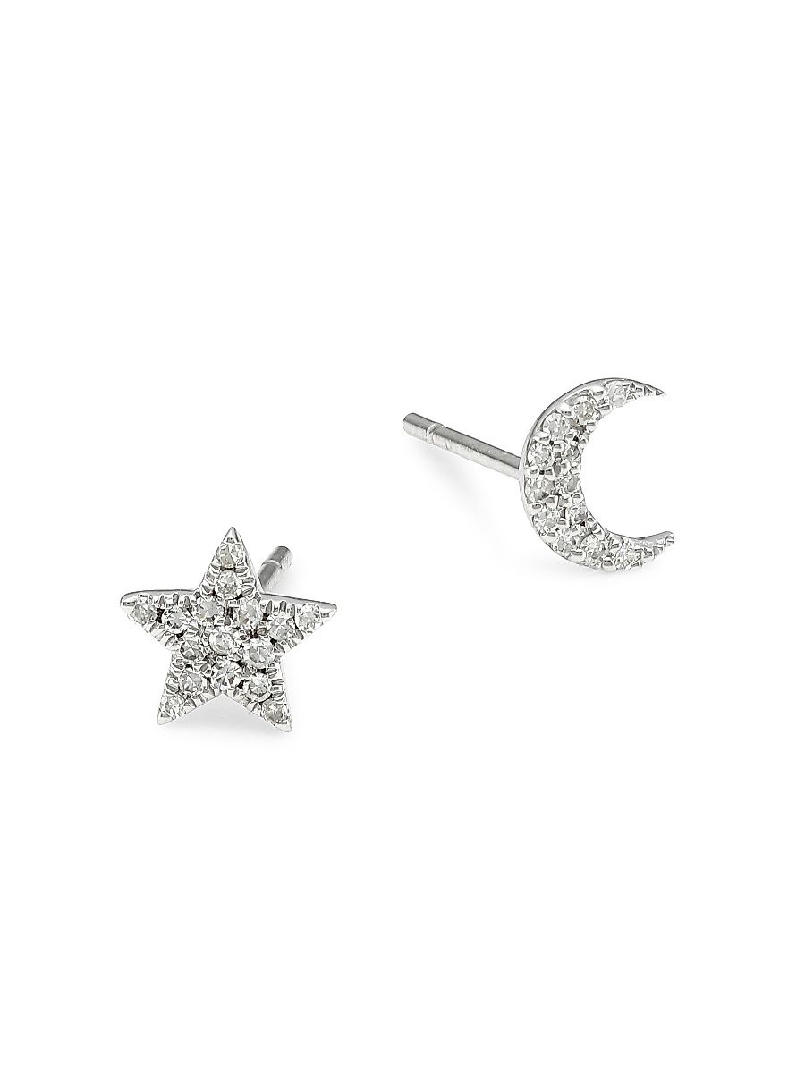Women's 14K White Gold & Diamond Mismatched Star & Moon Stud Earrings - White Gold