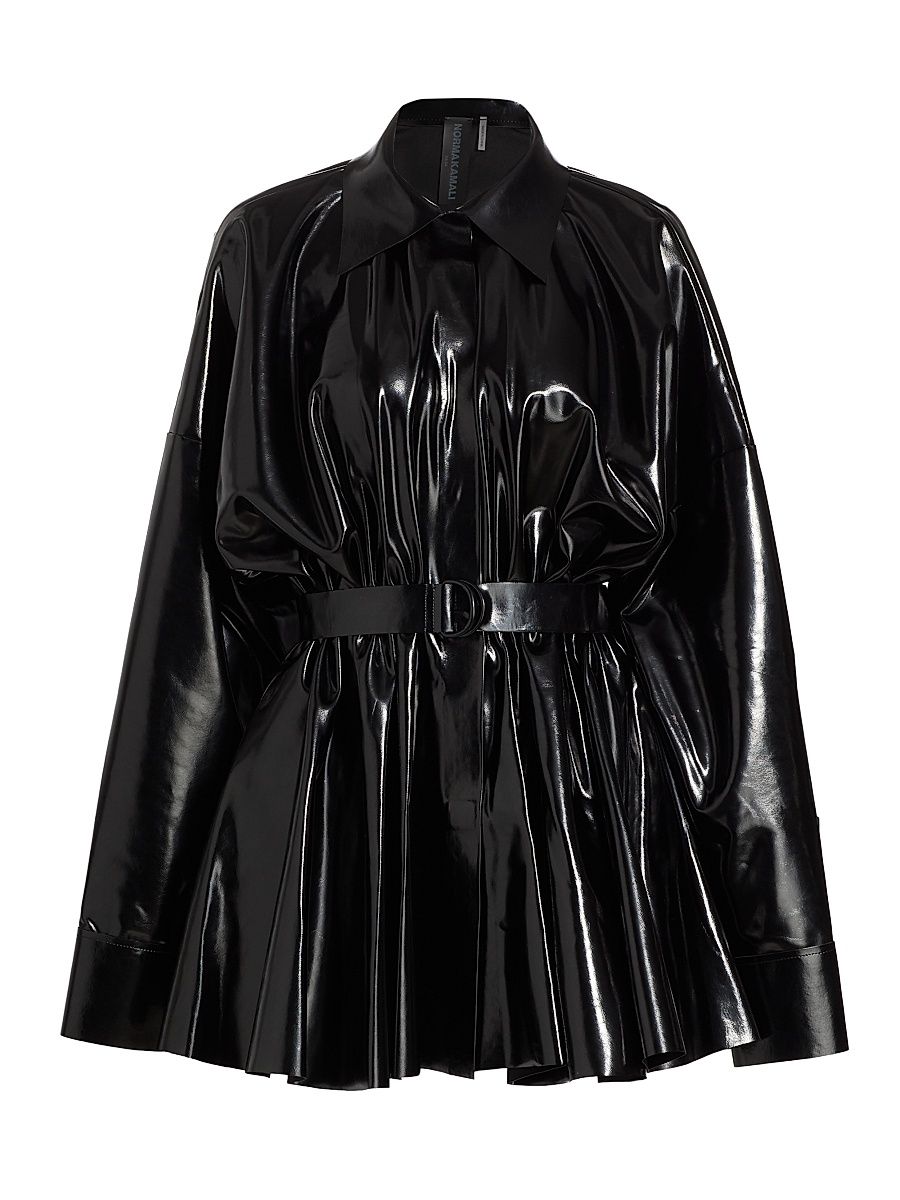 Women's Faux Patent Leather Oversized Tie-Waist Shirtdress - Black - Size Small