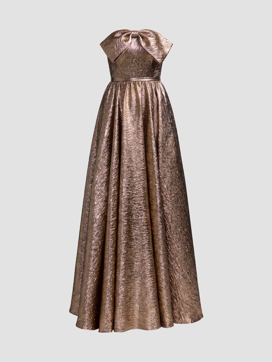 Mac Duggal Women's Metallic Brocade Bow Strapless Gown - Antique Bronze - Size 16