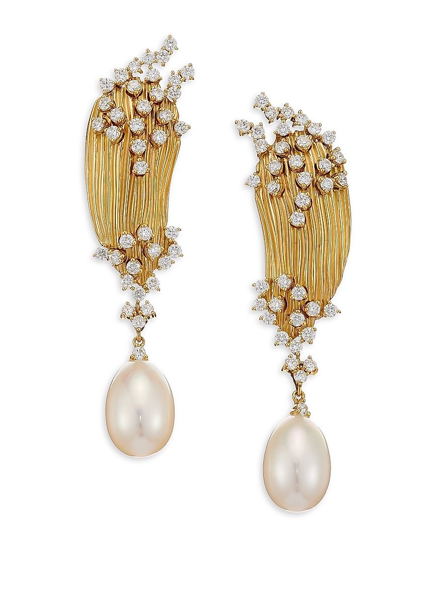 Women's Bahia Diamond, Pearl & 18K Yellow Gold Drop Earrings - Pearl White