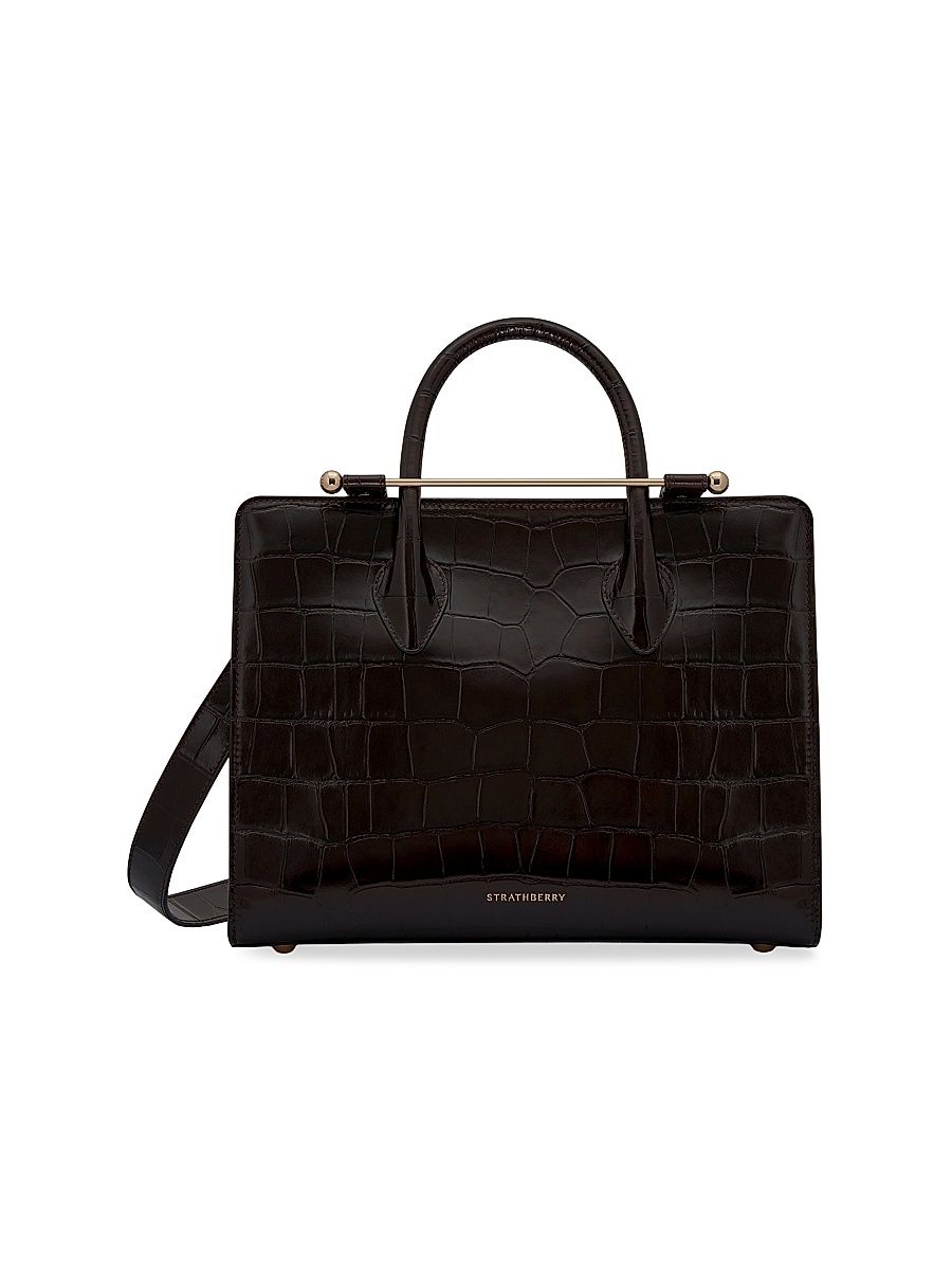 Women's Midi Croc-Embossed Leather Tote Bag - Mahogany