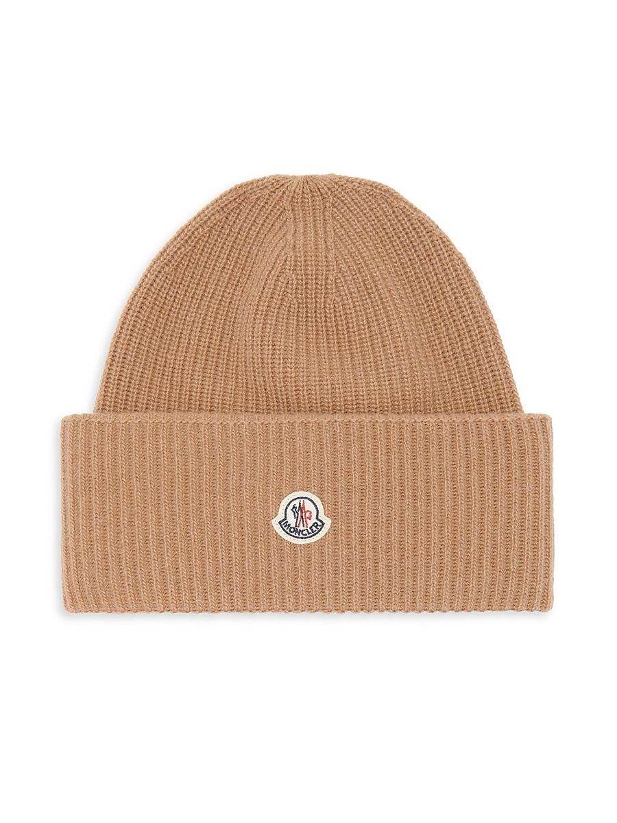 Women's Wool Ribbed Knit Logo Patch Beanie - Beige