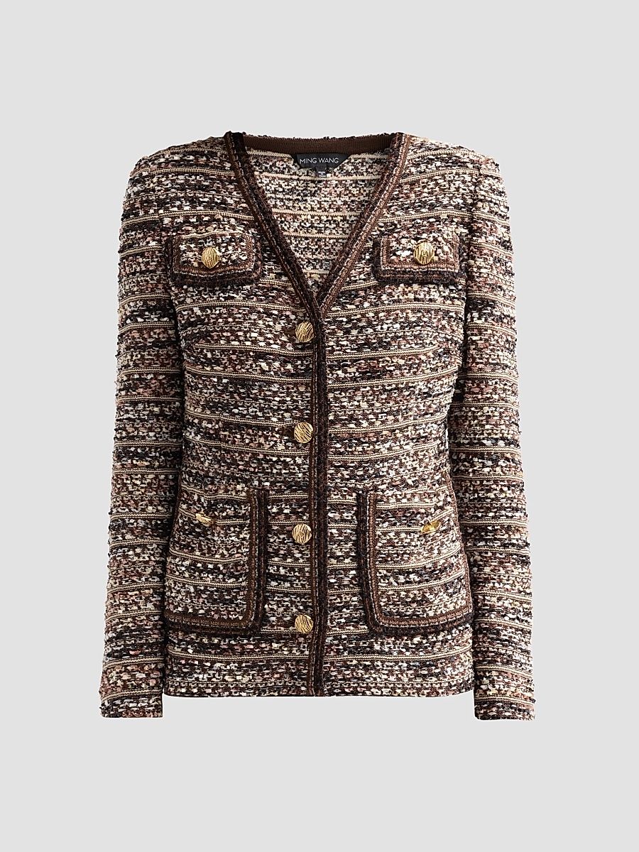 Ming Wang Women's Eyelash Tweed Jacket - Warm Taupe - Size XL