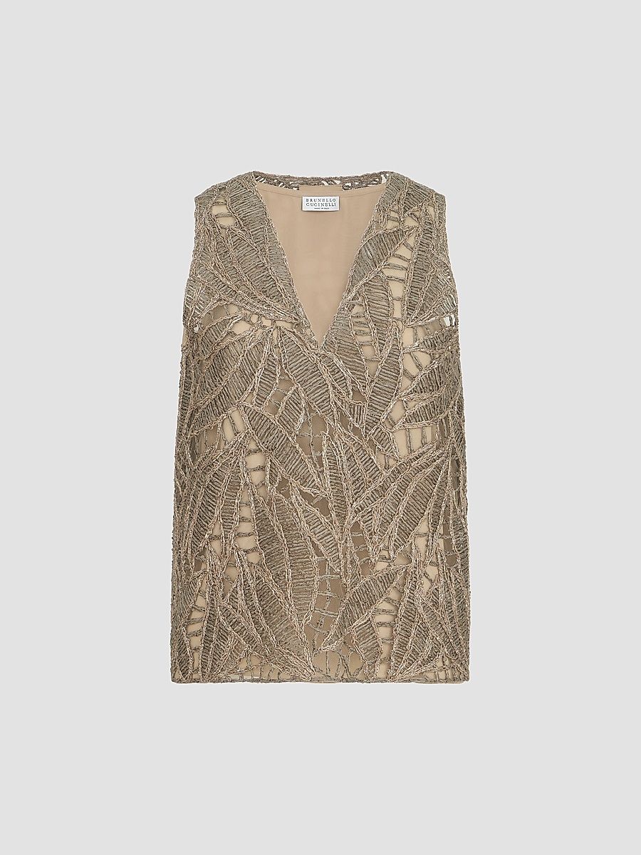 Women's Linen and Cotton Dazzling Cacao Leaves Embroidery Top - Rope - Size XXL
