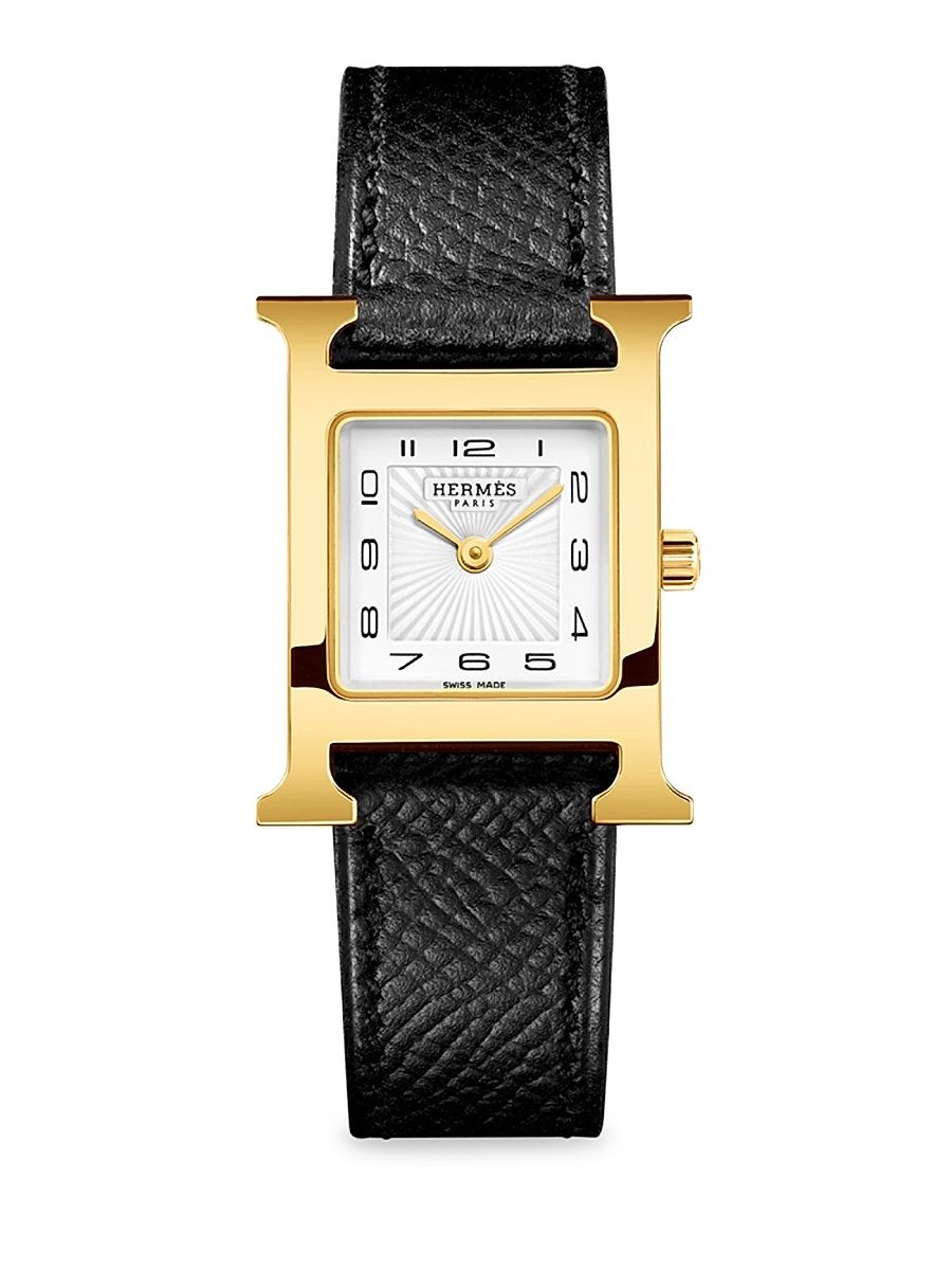Women's Heure H 25MM Goldplated & Leather Strap Watch - Black