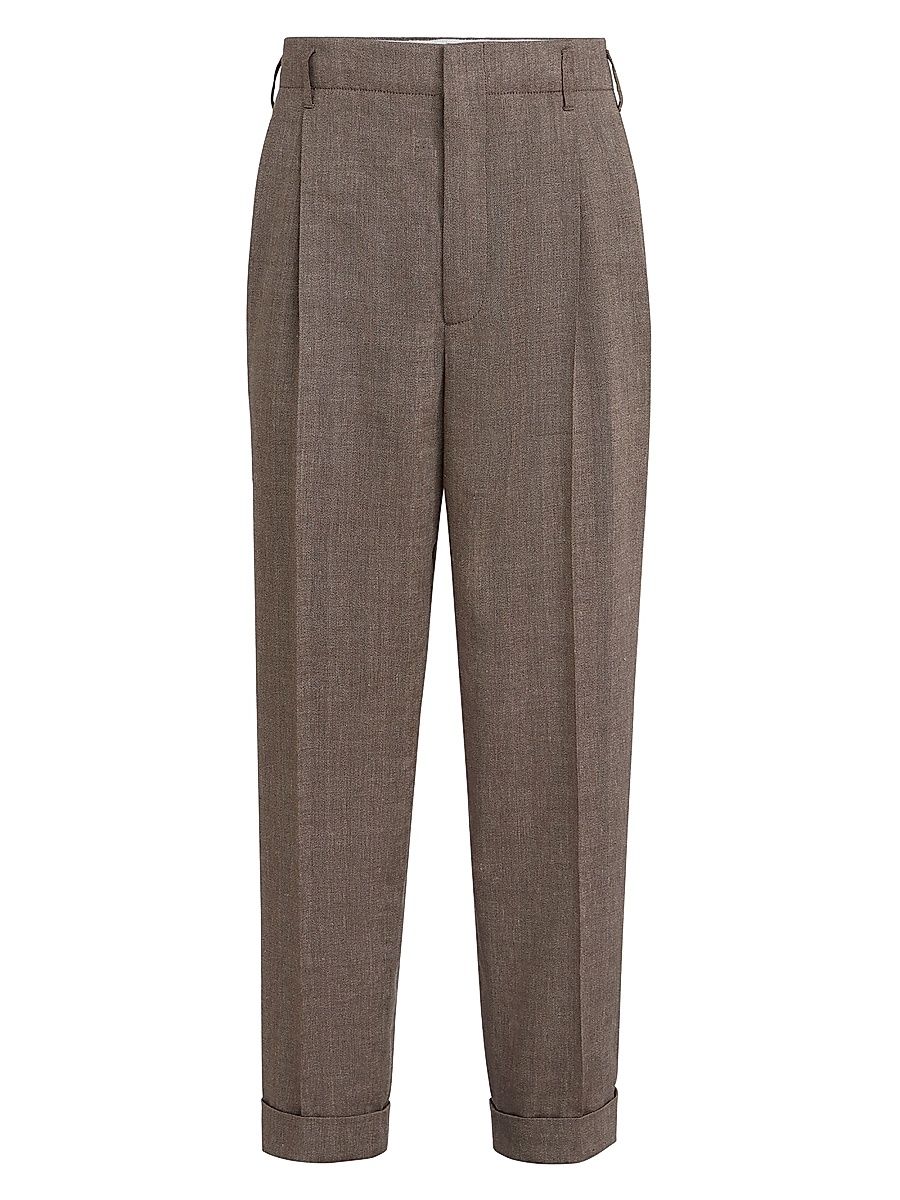 Men's Linen and Virgin Wool Chevron Trousers with Double Pleats - Hazelnut - Size 46