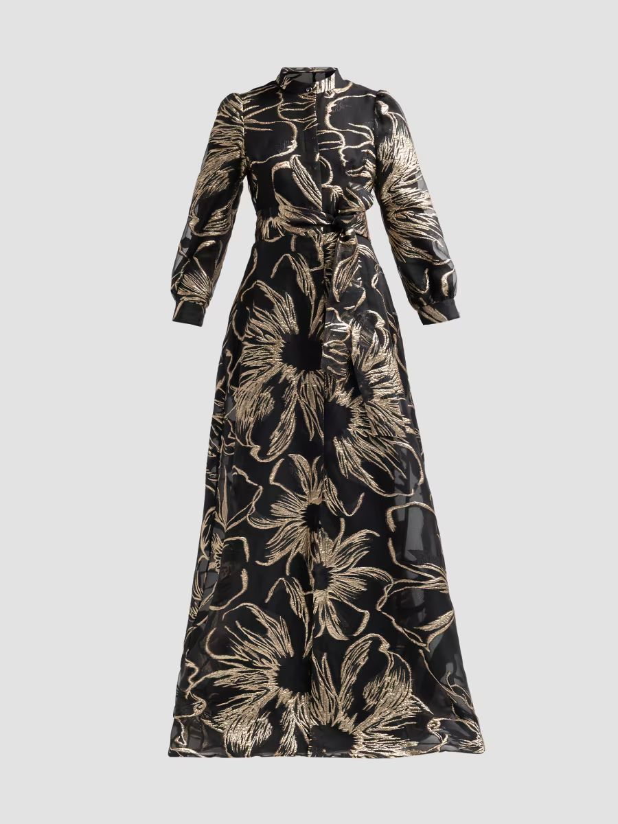 Teri Jon by Rickie Freeman Women's Floral Jacqaurd Shirtwaist Gown - Black Gold - Size 0