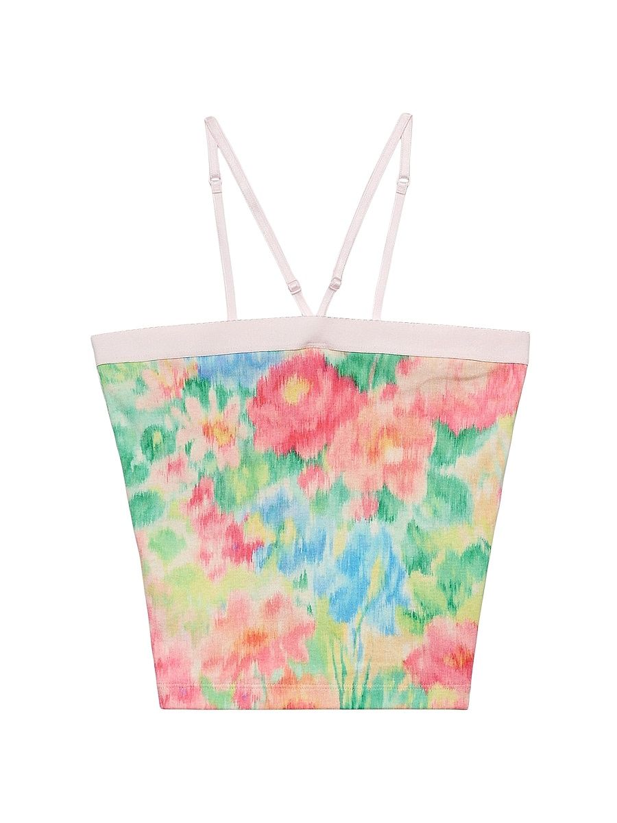 Women's Ribbed Knit Cotton Top with Floral Print - Green - Size 10