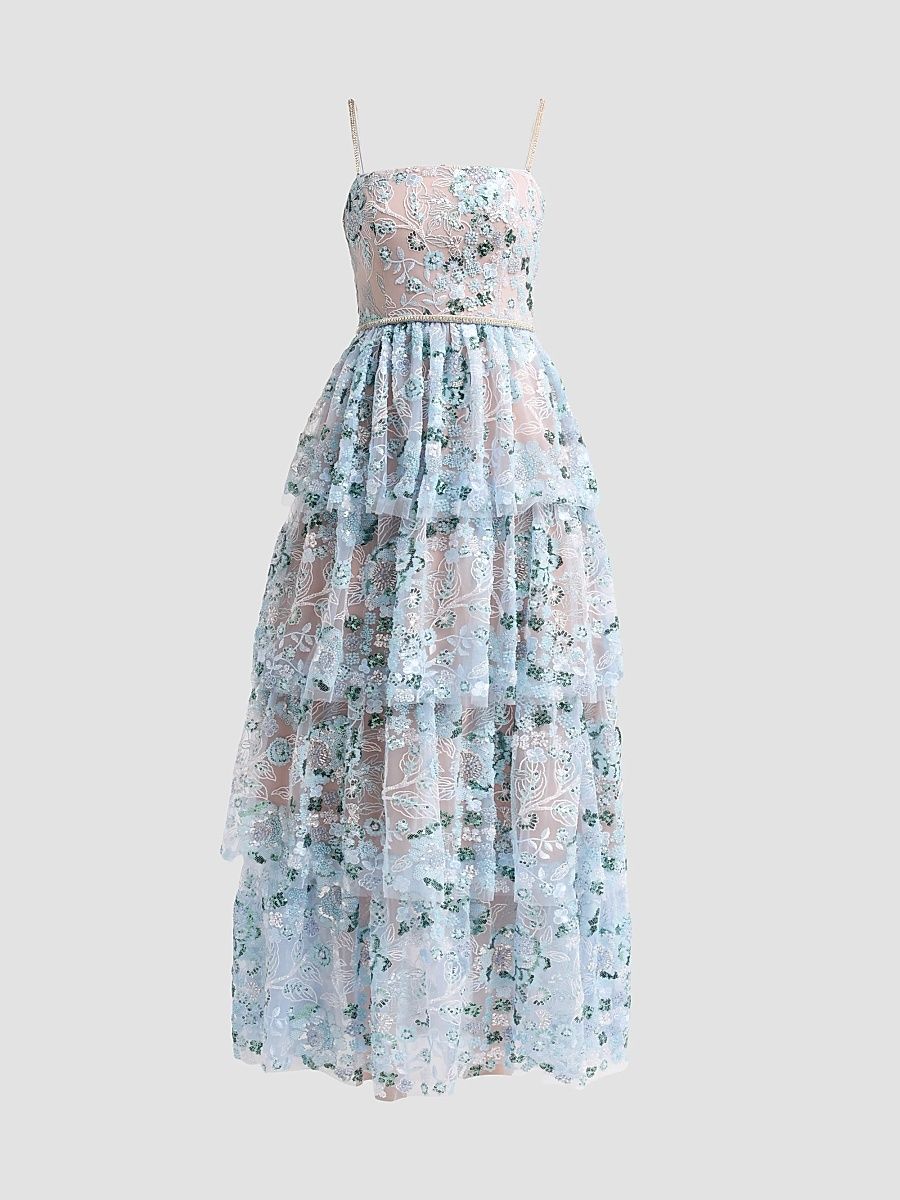 Women's Sequin Embellished Tiered Maxi Dress - Blue - Size 12