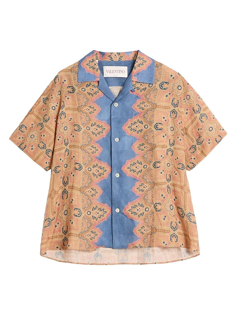 Men's Linen Bowling Shirt with Voyage Imaginaire Print - Multicolored - Size 42