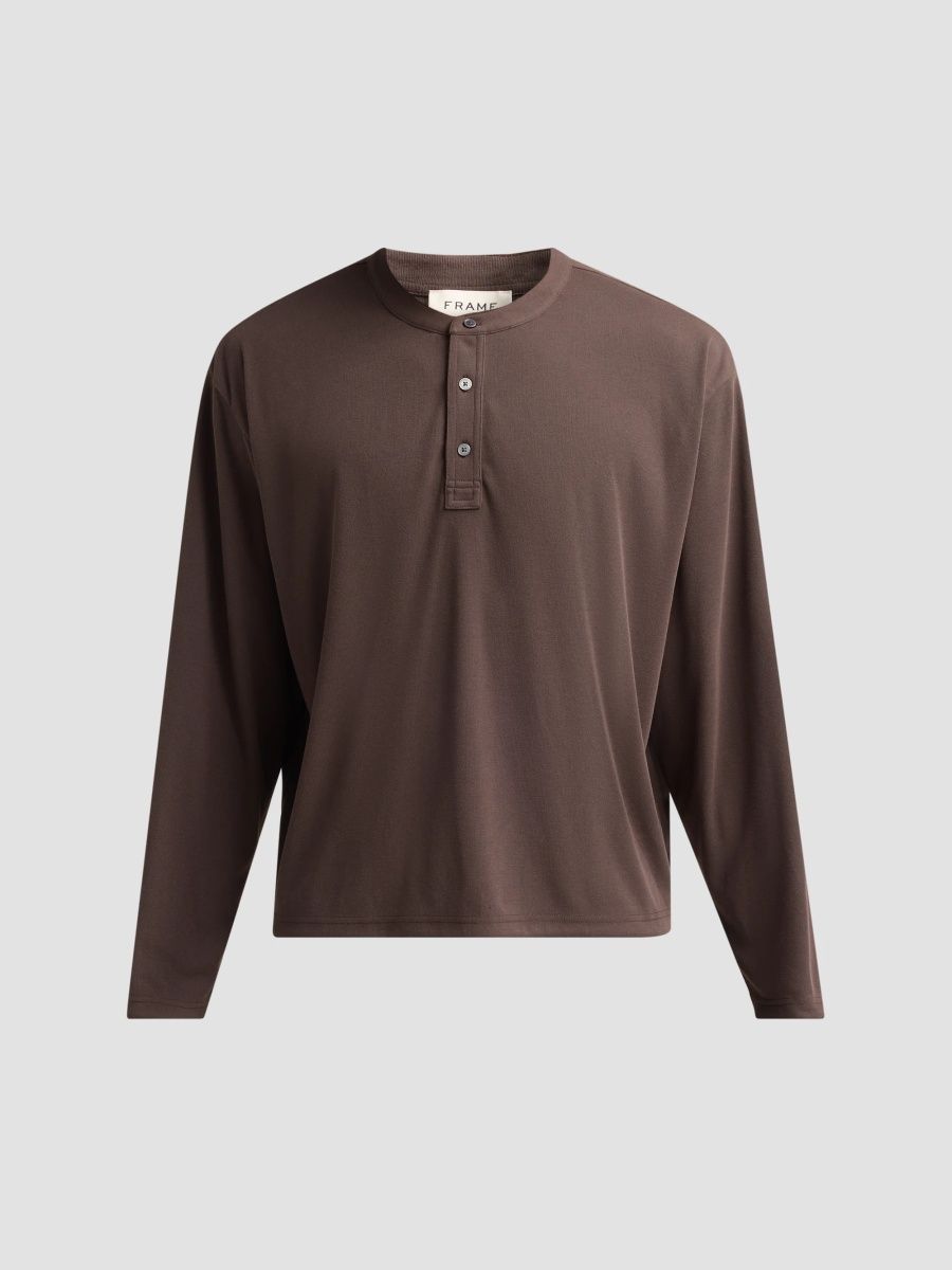 FRAME Men's Long-Sleeve Cotton Henley Shirt - Mud Grey - Size XL