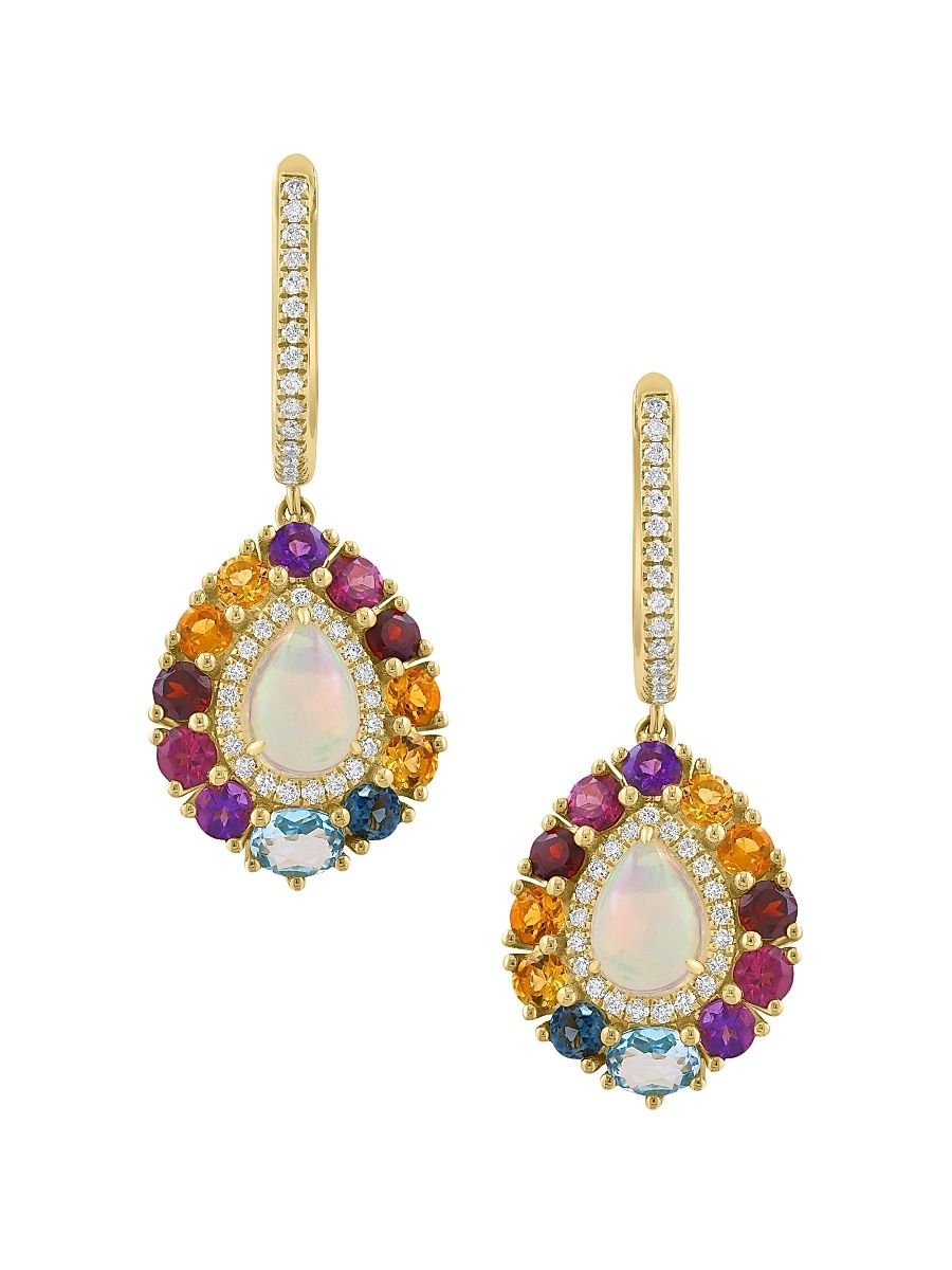 Women's 14K Yellow Gold & Multi-Gemstone Halo Drop Earrings - Yellow Gold