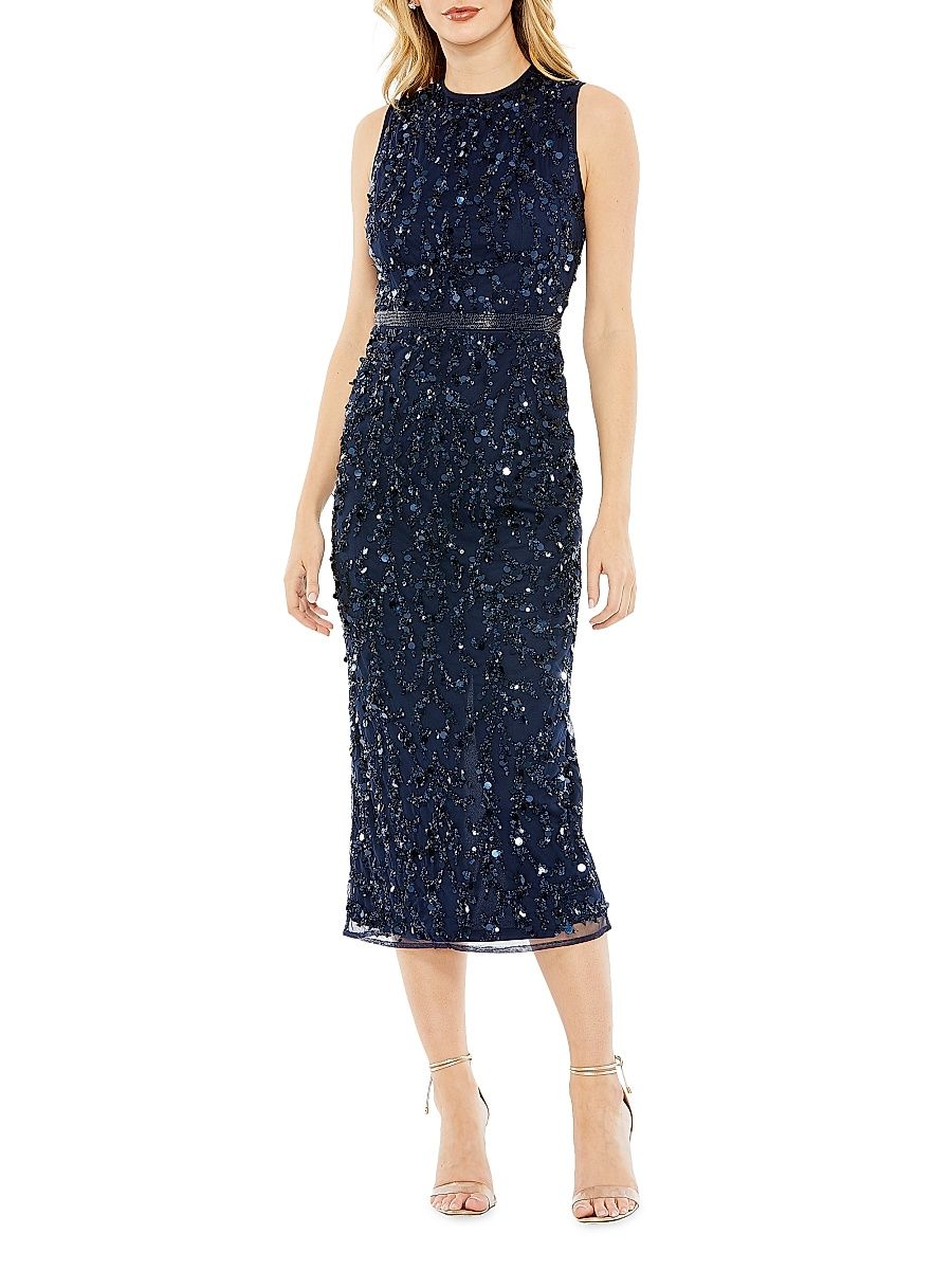 Women's Sequin High-Neck Midi-Dress - Midnight - Size 10