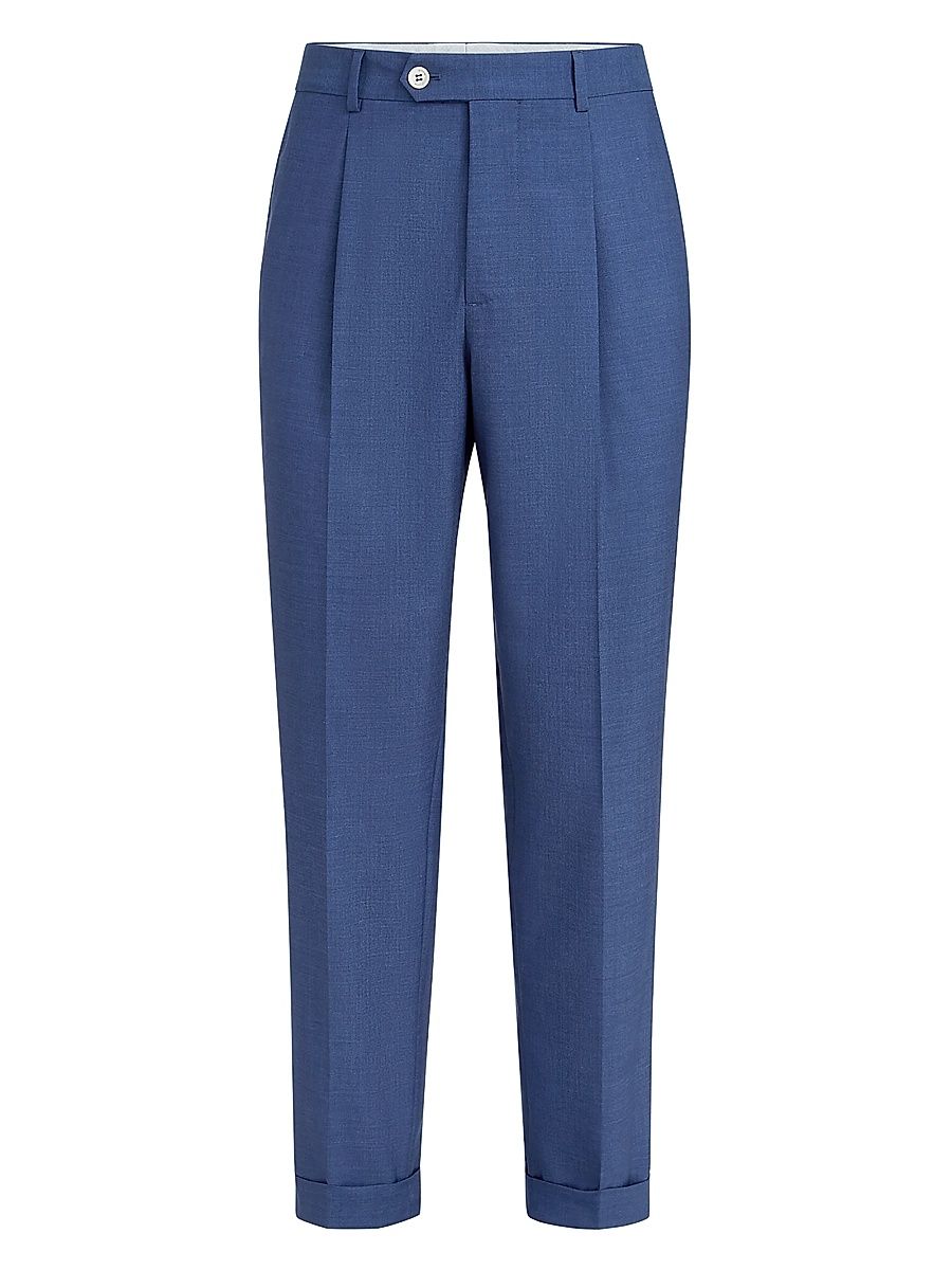 Men's Virgin Wool Fresco Trousers with Pleats - Royale Blue - Size 48
