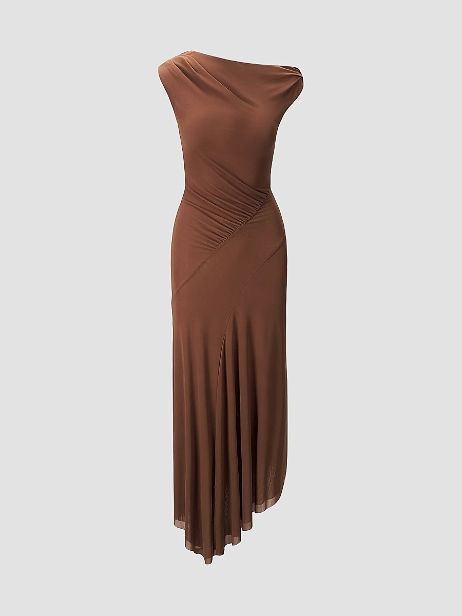 Women's Amaris Ruched Mesh Asymmetric Maxi Dress - Cigar - Size XL