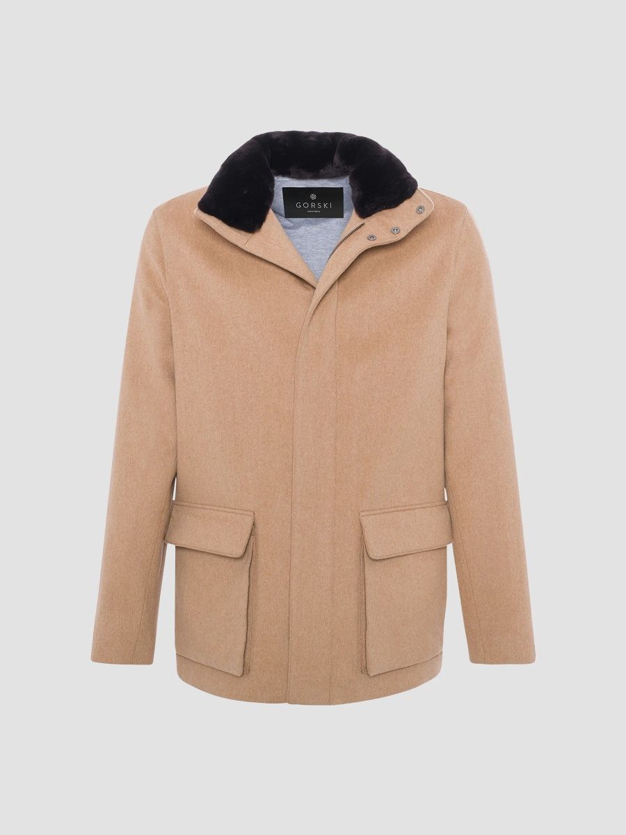 Gorski Men's Wool Jacket with Detachable Select Shearling Lamb Collar - Brown - Size Large