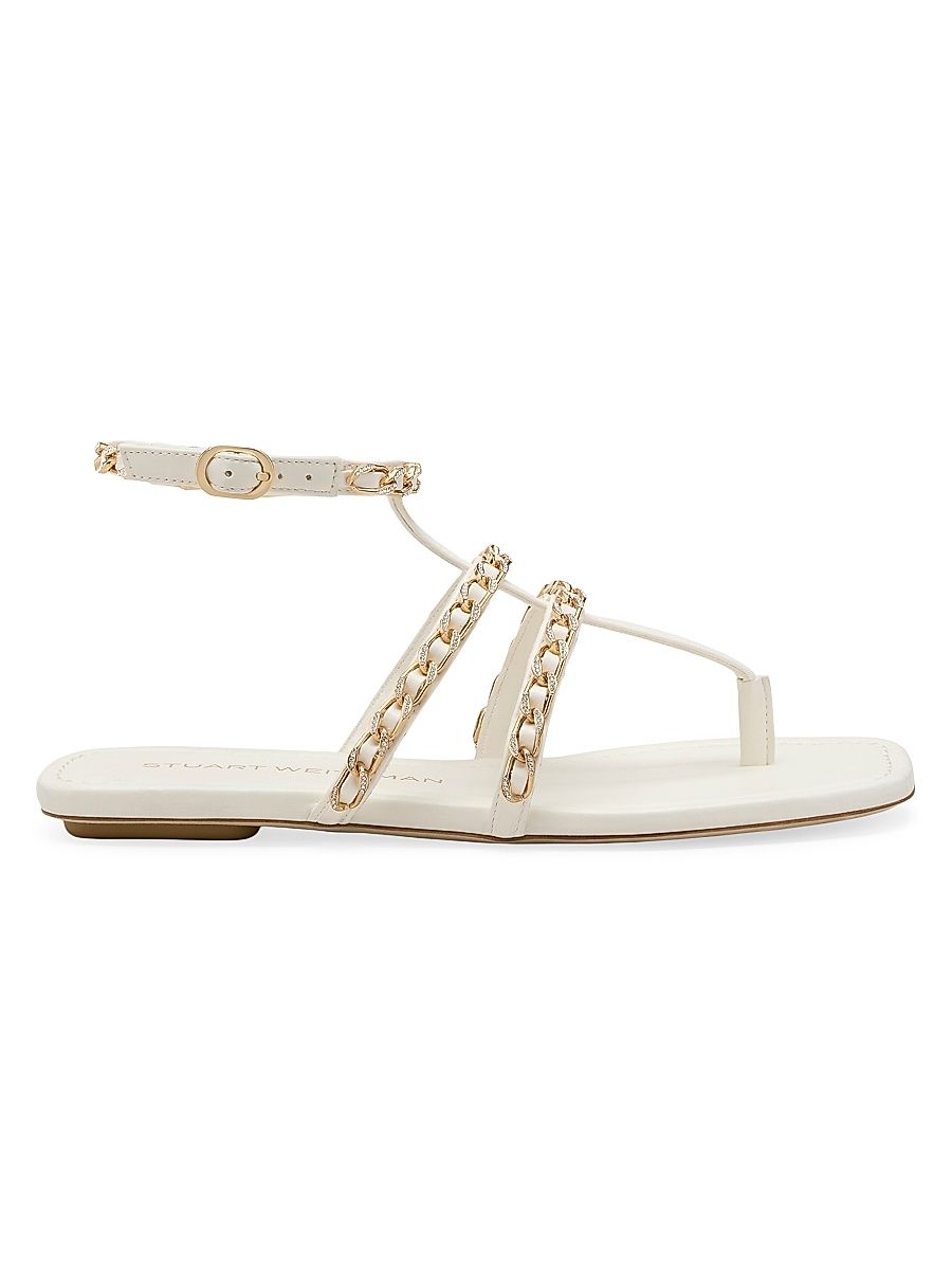 Women's Soluxe Crystal-Embellished Leather Flat Sandals - Cream - Size 9.5