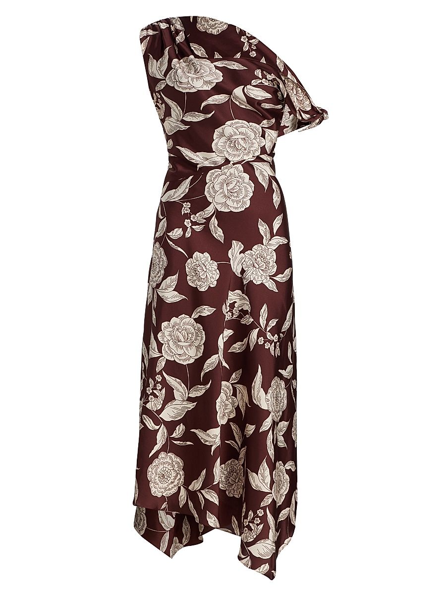 Women's Loretta Floral Satin One-Shoulder Midi-Dress - Deep Redwood Multi - Size 14