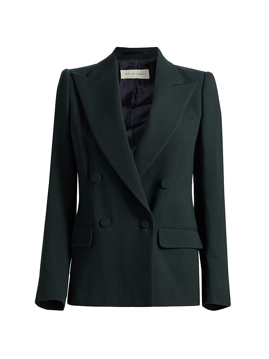 Women's Wool Double-Breasted Blazer - Dark Green - Size 8