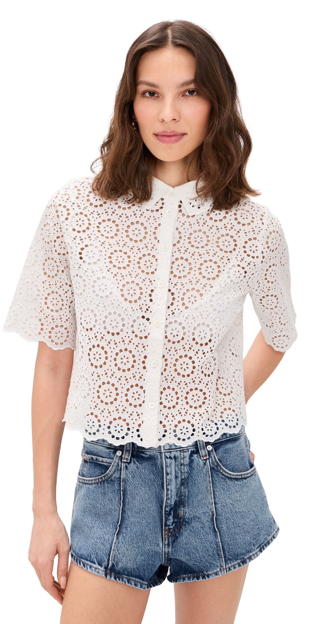 FRAME The Petal Eyelet Button Down Shirt White XS