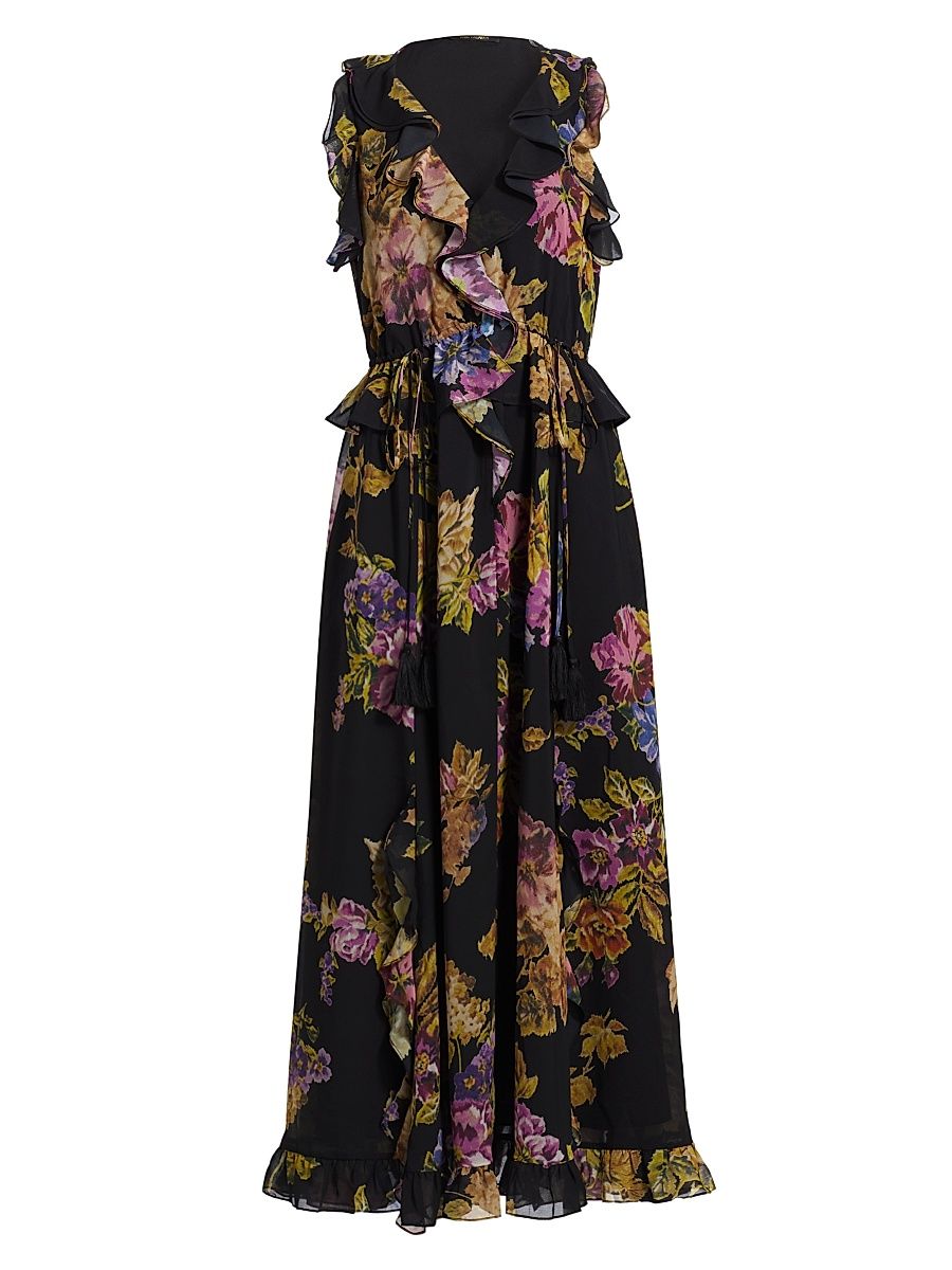 Women's Lesley Floral Ruffled Maxi Dress - Black Multi - Size Small